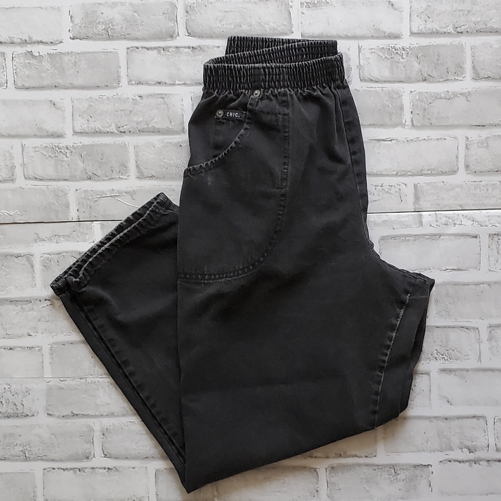 Vintage Chic Elastic Waist Black Denim Jeans Size 14 Petite